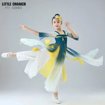 Традиционни китайски танцови костюми Бебешка рокля с ръкави-веерами за момичета Народен костюм на жената Древните Ханьфу Етап костюми Детски дрехи