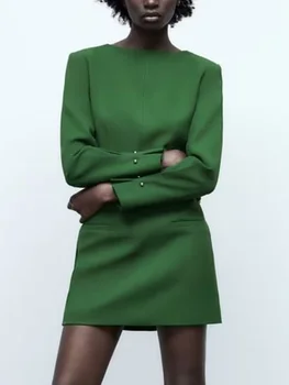ТРАФИКА на Елегантни есенни женски мини рокли 2022, Дамски Модни зелени Рокли с кръгло деколте и дълъг ръкав, Меки Пуловери