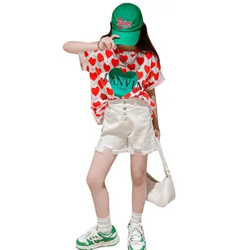 Уличен комплект дрехи за момичета, Лятна Нова корейска тениска с писмото принтом 