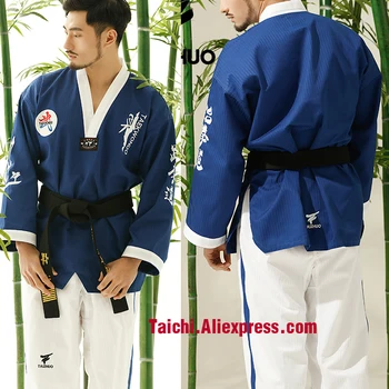 Униформи за възрастни майстори на таекуондо по бойни изкуства TKD Тае Куон Korea с V-образно деколте за Пумсе и тренировки, под Формата на WTF, 160-190 см, синя и с