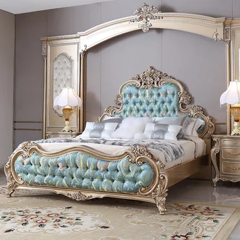 Френски мебели от масивно дърво, двойно легло 1,8 м, европейската луксозна вила, сватбена легло с цип, легло за принцеса