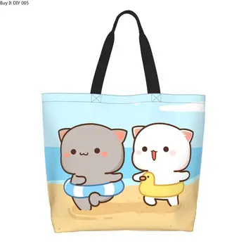 Чанти-тоут за хранителни стоки на Праскова и Goma, дамска мода, cartoony котка Моти, холщовая чанта за пазаруване, чанта, голям капацитет