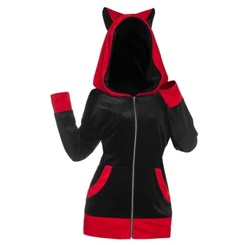 Червени, черни качулки в стил мозайка, дамски зимни hoody с качулка, дебели плюшени пуловер със средна дължина, с кошачьими уши, дамски есен hoody с качулка
