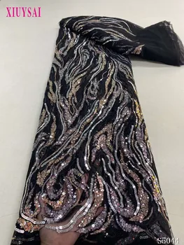 Черен дизайн, расшитая пайети окото лейси плат за дамско вечерна рокля, завързана африка гипюр с пайети, мрежест завързана материал