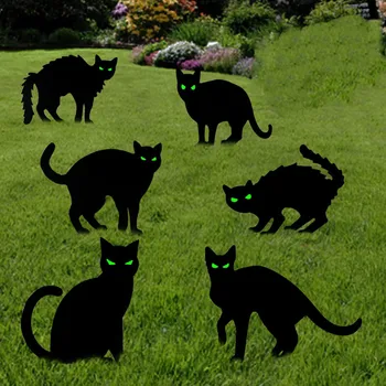 Черна котка Дъска за украса на логото на вътрешния двор 6шт Украса за Хелоуин Външните признаци в двора на Пластмасови празнични украси Плакати L5