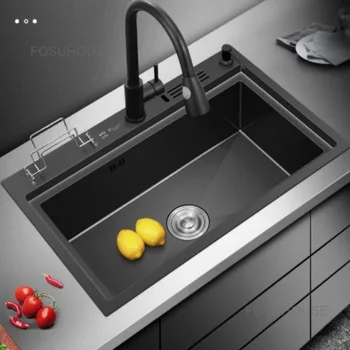 Черни кухненски мивки Nano Nordic от неръждаема стомана, ръчно изработени, единична мивка с маса, домашни големи мивки за кухненски аксесоари