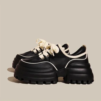 Черни обувки с дантела, Модни и Ежедневни обувки на дебела подметка и дебел ток, Готина Новата пролетно-есенна обувки на високи токчета за дамски обувки