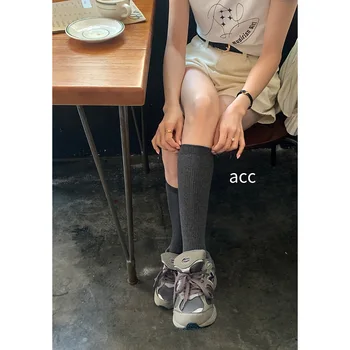 Чорапи в стил колеж дамски пролетно корейската версия на 2023 г., однотонная връхни дрехи, тънки чорапи до прасците, чорапи