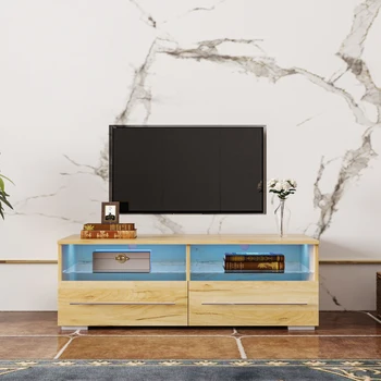 Шкаф за телевизор в хола, цветно дърво, шкаф за телевизор, с две чекмеджета и светлинна ивица, меняющей цвят, може да се използва в хола