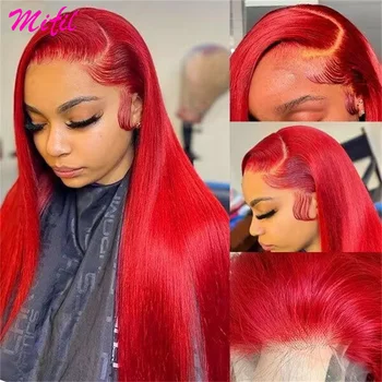 Ярко червено бордо директни перуки, изработени от човешка коса на дантели отпред за жени, предварително оскубани цветни 13x4 HD Прозрачни перуки на дантели без лепило