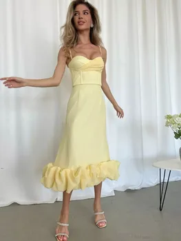 Жена Лятно Секси Рокля без Ръкави с отворен гръб и накъдрен, Сетчатое жълто бандажное рокля midi 2022, Вязаное елегантна рокля за парти през нощта клуб