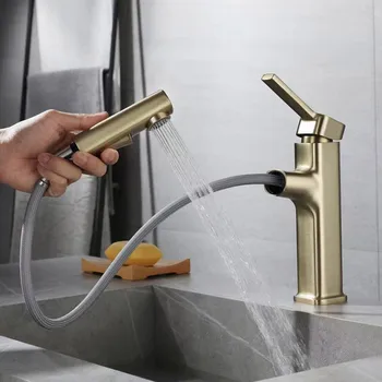 Матиран златен разтегателен кран за мивка в банята, латунная инсталиране на палубата, смесител за топла и студена вода, въртящи се на 360 градуса